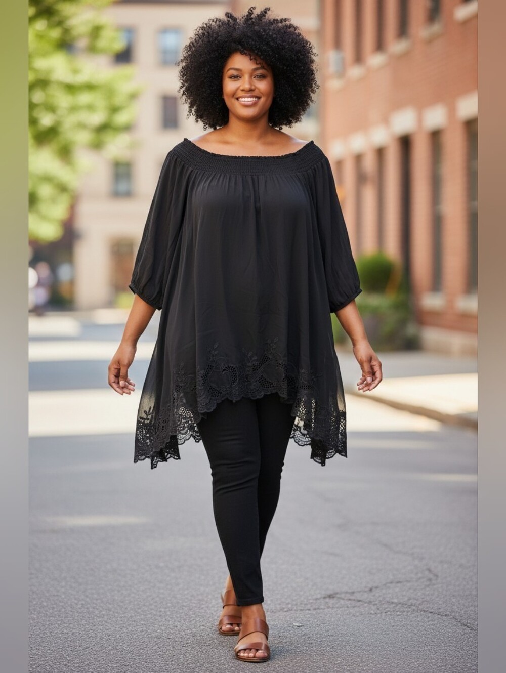 Chicos 2 Black Off-Shoulder Lace-Hem Women's Tunic 12 Large New WT297